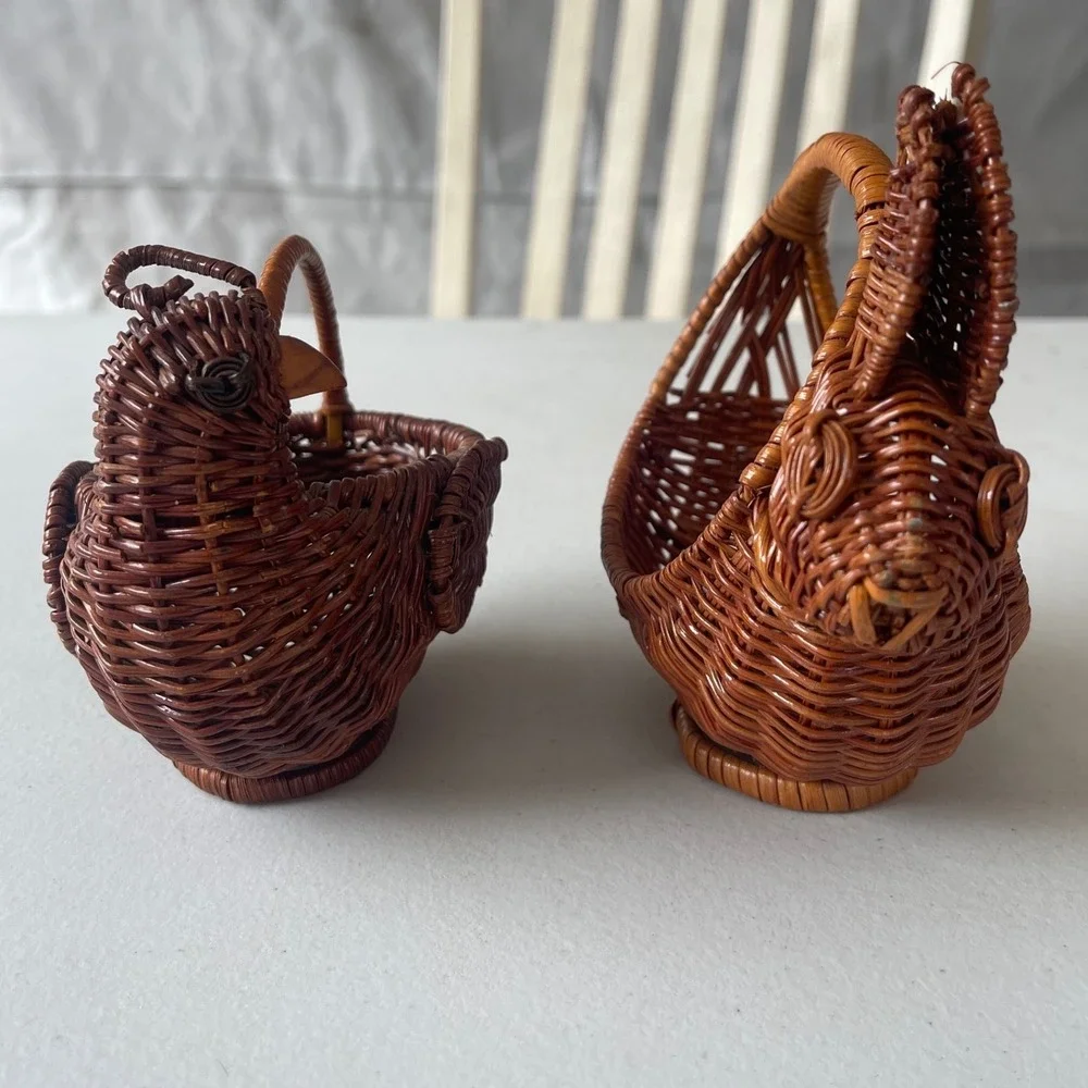 Vintage Miniature Wicker Animal Basket Set Chicken Hen and Rabbit Bunny Easter